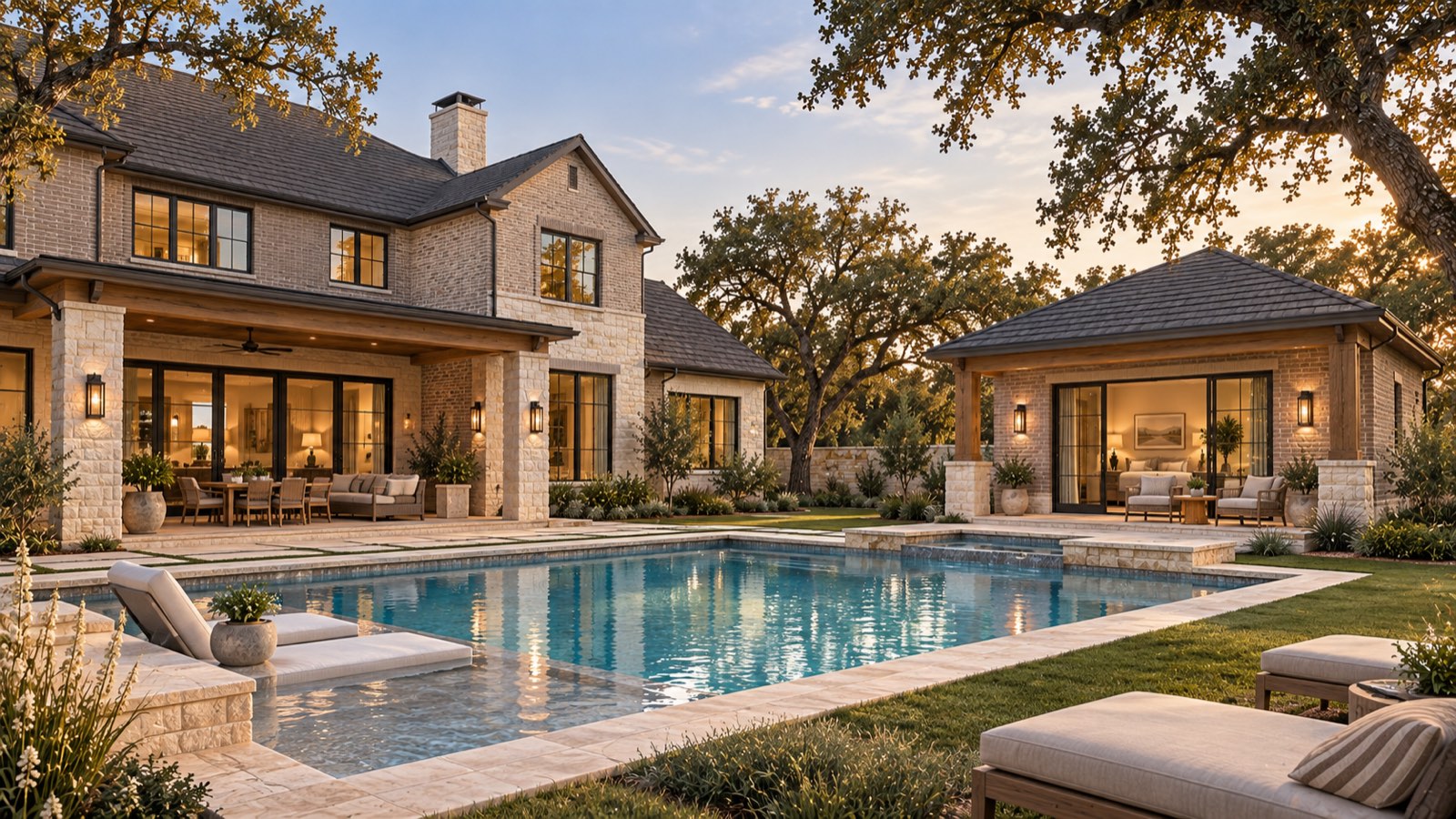 Flex — a pod built in the same brick and roofline as the main house, across the pool