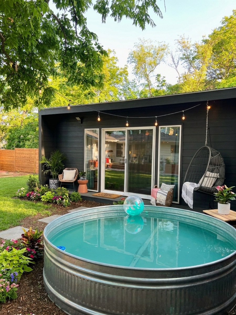A black Backyard Pod studio behind a cowboy pool