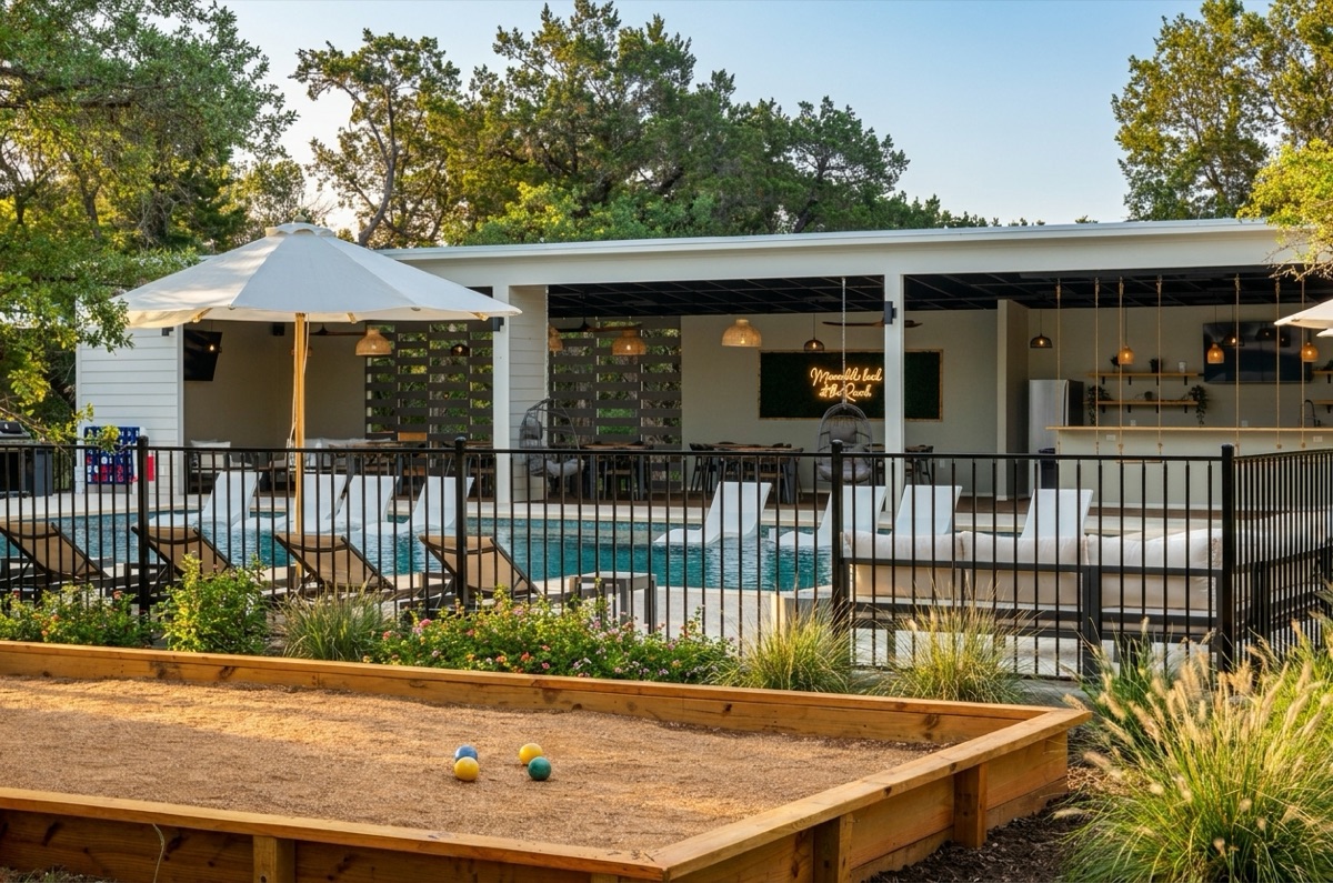 Pool cabana and bar built by Backyard Pod at the Cedars Ranch