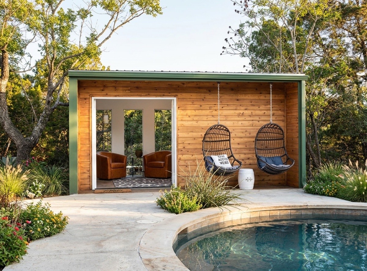 A cedar Backyard Pod pool house with hanging chairs beside a pool, just outside Austin